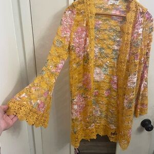 Floral Lace Swim Coverup Crochet Bell Sleeves.